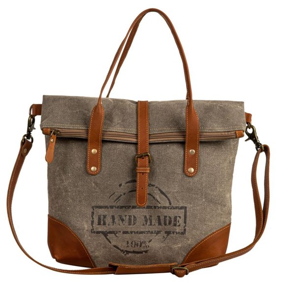 Myra Bag Handmade Hand Shoulder Bag Upcycled Canvas & Cowhide Leather - Picture 9 of 10